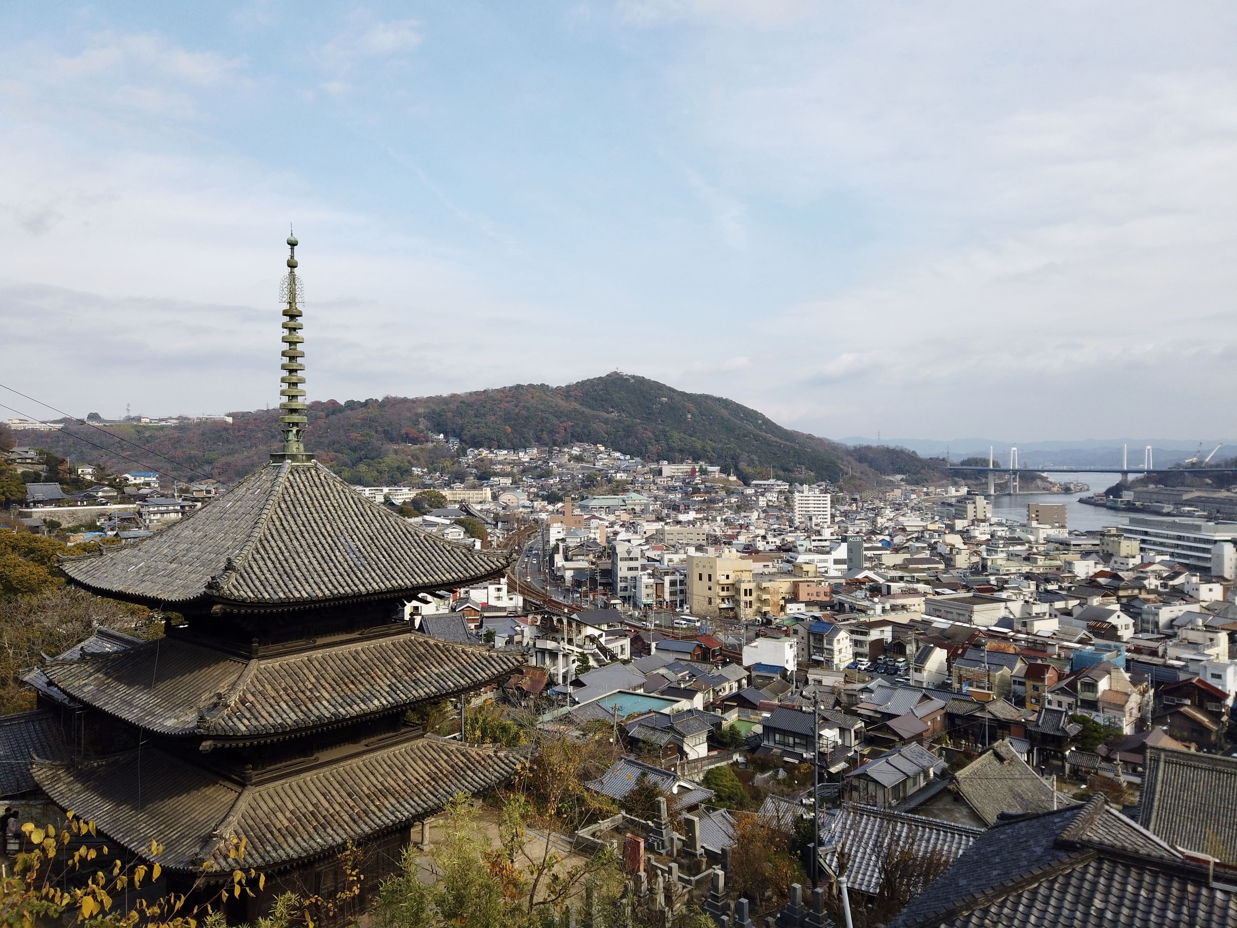 写真:街を見下ろしています。天寧寺 海雲塔や、たくさんの家や、海と山が写っています。