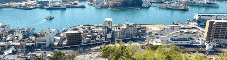 背景画像:尾道を上から見下ろした風景。海や街並みが写っています。