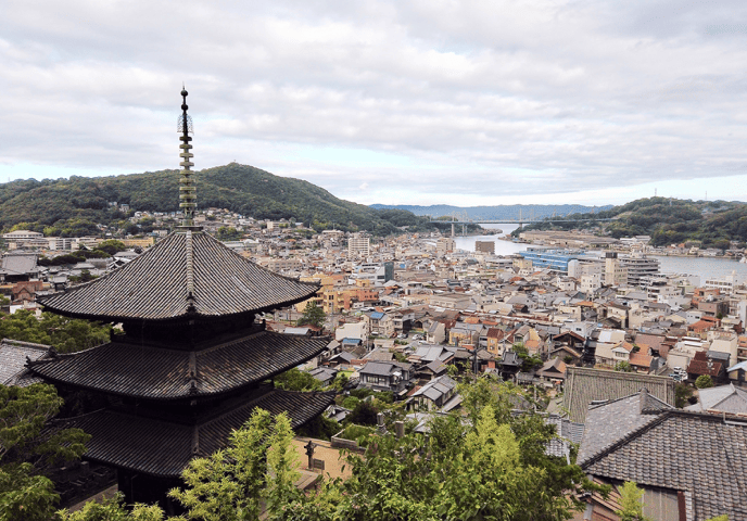 写真:街を見下ろしています。天寧寺 海雲塔や、たくさんの家や、海と山が写っています。